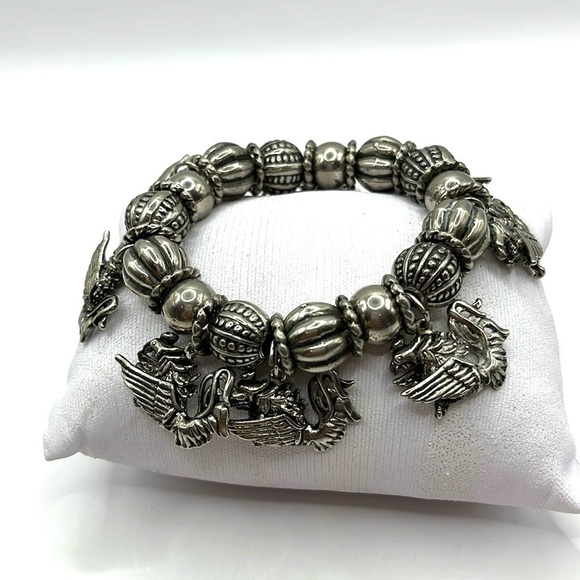 Dragon Charm  Bracelet Stretch MJ Enterprises 80s Dark Silver Tone Vintage 8” - Picture 1 of 12